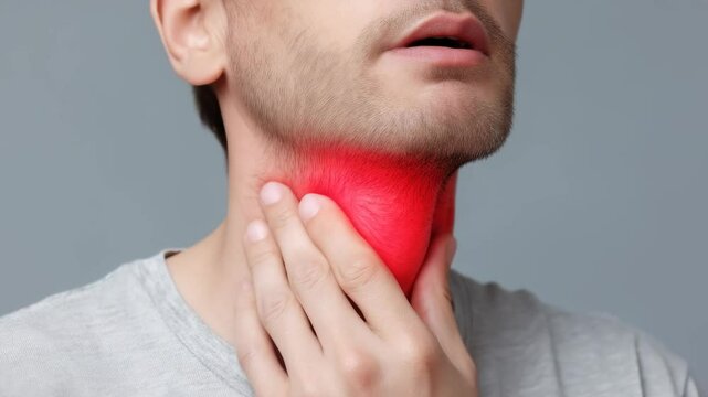 Throat distress: painful sensation, red glow, cold symptoms, tonsil irritation, thyroid imbalance, viral infection, swollen nodes, inflammation symbol, voice disruption, health struggle.