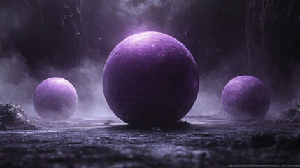 Purple orbs on a mystical, dusty ground;  glowing ethereal mist background.  Possible use Sci-fi, fantasy, surreal backdrop