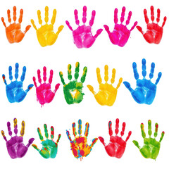 Fototapeta premium Colorful handprints on white background showcasing creativity and diversity in artistic expression for children