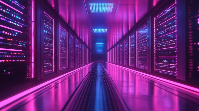 Illuminated Server Room with Rows of Data Racks in Blue and Purple