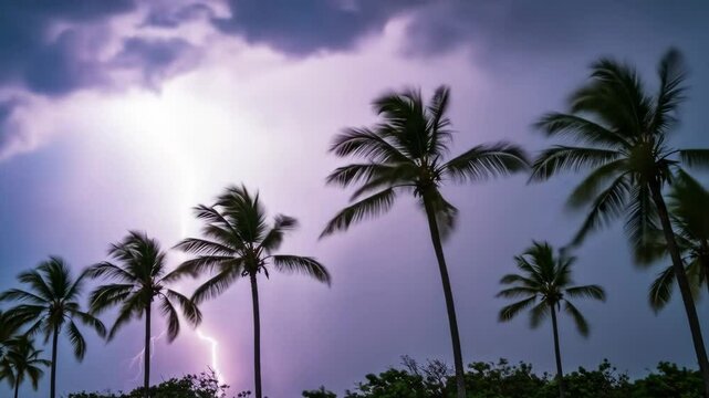 Lightning Storm Over Palm Trees - A dramatic video of a lightning strike during a storm, captured amidst a row of palm trees swaying in the strong wind. The dark