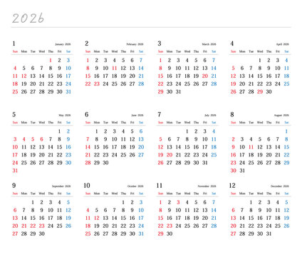 2026年の日本の年間カレンダー	