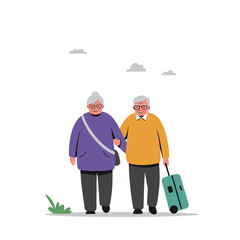Elderly couple traveling together while holding hands with suitcase  