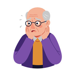 Elderly man looking worried with hands on face in colorful attire  