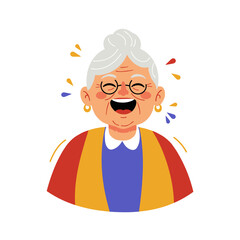 Elderly woman laughing out loud with glasses and joyful expression  