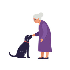 Elderly woman with dog interacting while wearing a purple robe  