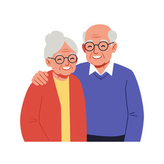 Elderly couple smiling together in casual attire against white background  