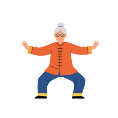 Elderly woman practicing tai chi in traditional clothing indoors  