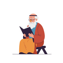 Elderly man reading holy book while sitting on a stool in a calm setting  