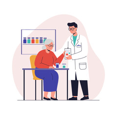 Pharmacist helping elderly woman with medication in a pharmacy setting  