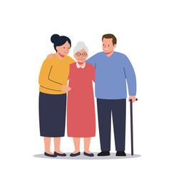 Family embracing elderly woman in colorful casual clothing  