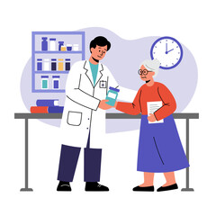 Pharmacist helping elderly woman receive medication in pharmacy  