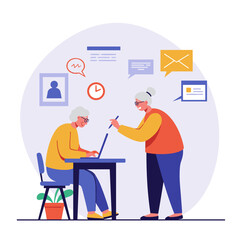 Elderly woman learning technology with assistance in bright room  