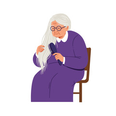 Elderly woman brushing hair while sitting on a chair in purple dress  