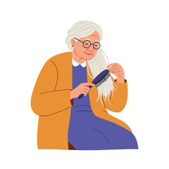 Elderly woman brushing her hair while sitting in a cozy chair indoors  