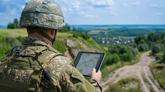 A military personnel examines a digital map on a tablet while standing in a scenic rural area with hills and fields