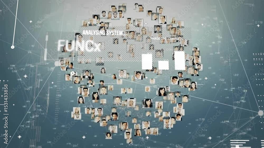 Poster upon startup, portrait icons floating in tech scene clustering into sphere showing analysis labels