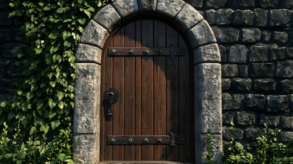 Rustic wooden door in a stone wal  454E3
