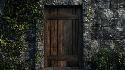 Rustic wooden door in a stone wal  02712