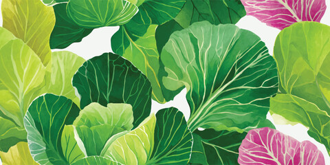 Green Cabbage Leafy Vegetables Watercolor Seamless Pattern. Fresh Healthy Food Botanical Design for trendy textile, packaging, fabric, wallpaper, branding, stationery, wrapping paper interior decor