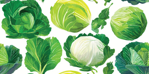 Green Cabbage Vegetable Watercolor Seamless Pattern. Fresh Healthy Food Botanical Design for trendy textile, packaging, fabric, wallpaper, branding, stationery, wrapping paper interior decor.