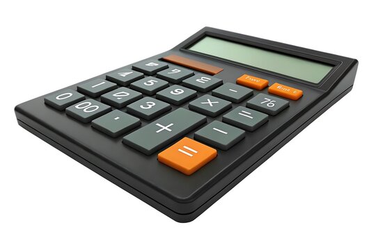 Black calculator isolated on white background with orange keys