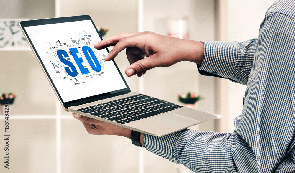 Aufkleber seo search engine optimization for modish e-commerce and online retail business showing on computer 