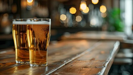Two glasses of beer sit on a wooden table, surrounded by a warm and inviting atmosphere with soft lights creating a relaxed vibe