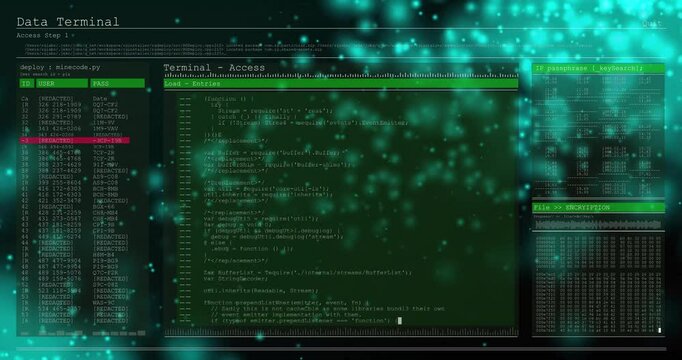 Teal cyan particles drifting behind multi-pane interface fading with code scrolling for access step