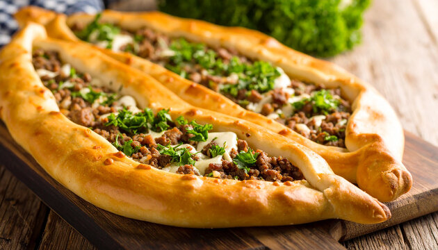 Turkish pide with meat, cheese and green herbs. Tasty food. Delicious dish. Cooking and culinary