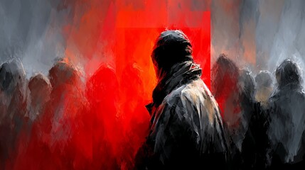 Alone in the Crowd – Abstract Silhouette Amid Red and Grey Haze