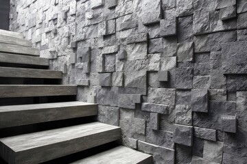 Modern stairway with gray stone wall