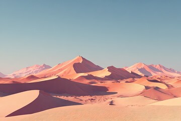 Naklejka premium Vast desert landscape with reddish dunes and mountains under a pale blue sky
