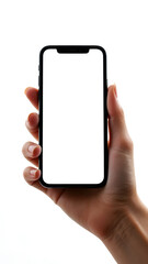 Smartphone in hand: A person's hand delicately holds a modern smartphone with a bright, empty screen, poised as a symbol of connection and communication.