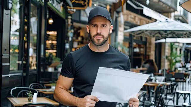 A man stands at an outdoor cafe, examining the menu with a warm smile, inviting ambiance surrounds him, perfect for relaxation and dining