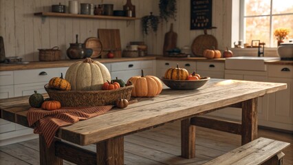 Rustic Autumn Kitchen Table Still Life Pumpkins, Wood, Warm Light, Composition, Photography Autumn, Still Life Photography