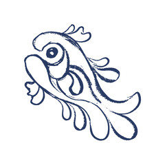 Indigo Blue Fish Vector Sketch Classic Traditional Mediterranean Ornament Hand Drawn Toile for Portuguese Mosaic Drawing, Spanish or Mexican Talavera Ornamental Artwork Isolated Design