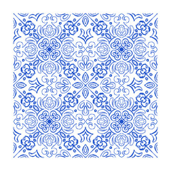 Indigo Blue Vector Sketch Classic Geometric Decorative Tile, Traditional Mediterranean Floral Ornament Hand Drawn Portuguese Mosaic Drawing, Spanish Mexican Talavera Ornamental Artwork Isolated Design