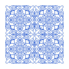 Indigo Blue Vector Sketch Classic Geometric Decorative Tile, Traditional Mediterranean Floral Ornament Hand Drawn Portuguese Mosaic Drawing, Spanish Mexican Talavera Ornamental Artwork Isolated Design