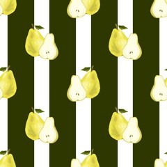 Seamless pattern with yellow pears on a striped dark background
