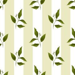 Seamless pattern with green leaves and white flowers on a striped light background