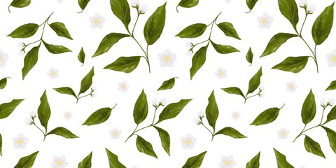 Seamless pattern with green leaves and white flowers on  white background