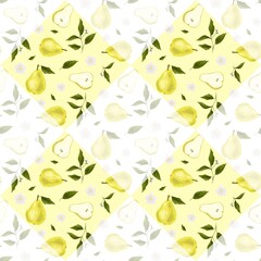 Seamless pattern with yellow pears, green leaves and white flowers on pink background with yellow diamonds