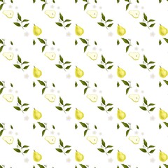 Seamless pattern with yellow pears, green leaves and white flowers on white background