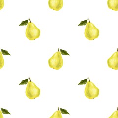 Seamless pattern with yellow pears on white background