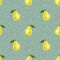 Seamless pattern with yellow pears, green leaves and white flowers on dark background