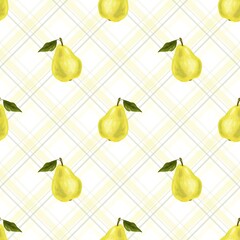 Seamless pattern with yellow pears on a tartan checkered background