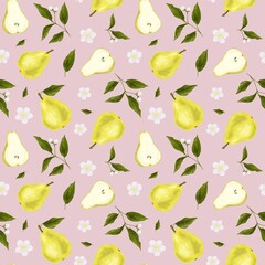 Seamless pattern with yellow pears, green leaves and white flowers on pink background