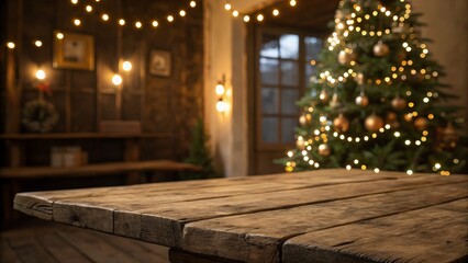 Rustic Wooden Table Christmas Background Bokeh Lights, Christmas Tree, Warm Cozy Concept, Christmas Table, Winter Holiday Christmas Decor, Festive Tabletop