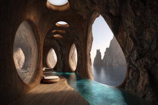 Cave-like interior with infinity pool, ocean view